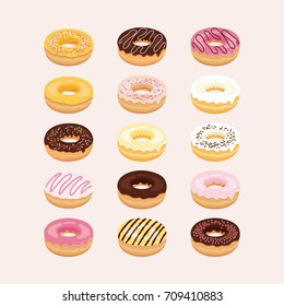 Donuts set on a light background. Donuts isolated.