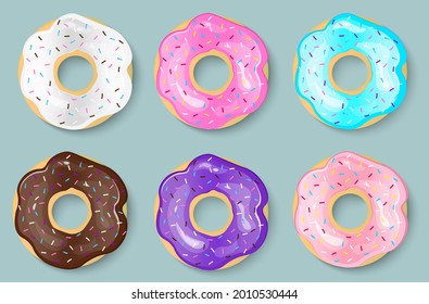 Donuts set on a white background. Collection of desserts, sweets with glaze. Menu design, cafe logo, boxes, packaging. Shop icon template. Vector isolated illustration in cartoon style.
