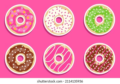 Donuts, a set of realistic donuts on a pink background with a white stroke. Vector, cartoon illustration. Vector.