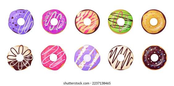 Donuts set. Round confectionery, chocolate vanilla and fruit donut top view. Colorful pastry, doughnut decorating, cake with topping, cute food, sweet dessert. Vecto recent illustration