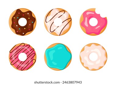 Donuts gesetzt. Runde Süßwaren, Schokolade, Erdbeere, Pistazien, Vanille Donut Draufsicht. Buntes Gebäck, Donut Dekoration, Topping, süße Speisen. Bäckerei Elemente, Vektorillustration Kollektion