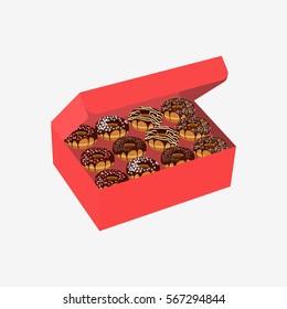 Donuts set with sprinkles in red box isolated on white background. Pack of donuts. Flat vector stock illustration