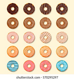Donuts set. Sweet and tasty food icons background for any design solution. Vector illustration. Chocolate, glaze, coconut, nuts.
