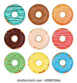 Donuts set. Sweet and tasty food icons background for any design solution. Vector illustration. Chocolate, glaze, coconut, nuts.