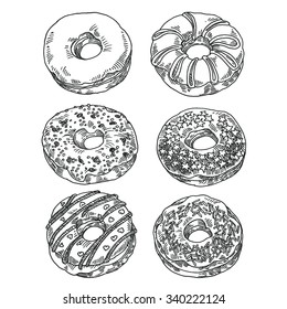 donuts set, vector illustration, drawing gravure