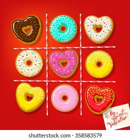 Donuts in shape of heart with my sweet Valentine note on the table. Game Tic Tac Toe. Flat design, vector illustration