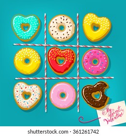 Donuts in shape of heart with my sweet Valentine note on the table. Game Tic Tac Toe. Flat design, vector illustration