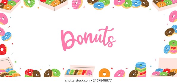 Donuts shop banner. Take away donuts. Glazed doughnuts with sprinkles. Bakery sweet pastry food. Vector illustration.