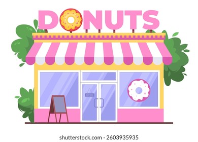 Donuts shop building on isolated background. Vector illustration in a flat style