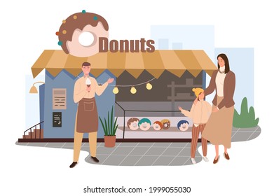 Donuts shop building web concept. Mother and daughter shopping for fresh desserts at store. Pastry chef sells his products. People scenes template. Vector illustration of characters in flat design