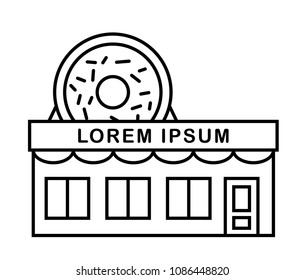 Donuts shop and cafe with signboard. Outline vector flat illustration. Contour. Big tasty donut with glaze on the roof. Bakery, cake, candy shop,three windows,door. EPS 10