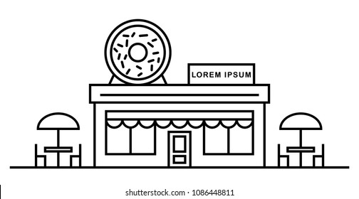 Donuts shop and cafe with signboard and two tables, umbrella. Outline vector flat illustration. Contour. Big tasty donut with glaze on the roof. Bakery, cake, candy shop, three windows, door. EPS 10