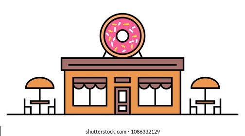 Donuts shop or cafe with two tables. Coloured vector flat illustration. Design. Signboard with big tasty donut with glaze. People eating in the restaurant. Bakery, cake, candy shop,windows, door EPS10