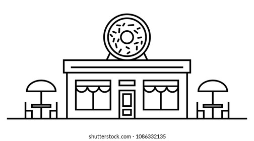 Donuts shop or cafe with two tables. Outline vector flat illustration. Design. Signboard with big tasty donut with glaze. People eating in the restaurant. Bakery, cake, candy shop,windows, door. EPS10