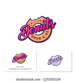Donuts shop logo. Cafe or bakery emblem. Bitten Donut with lettering and small candies. Identity. Business Card