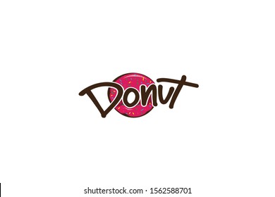 Donuts shop logo. Cafe or bakery emblem. Bitten Donut with lettering and small candies.