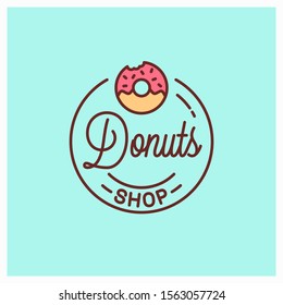 Donuts shop logo. Round linear logo of donut bakery on blue background
