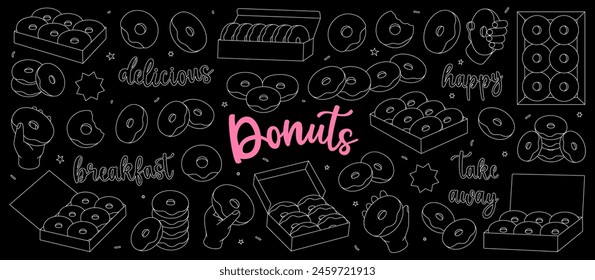 Donuts shop outline set. Glazed doughnuts with sprinkles. Bakery sweet pastry food. Hand drawn elements for confectionery menu, bakery shop.