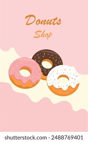 Donuts shop,pink,chocolate and white donuts,donuts poster,vector illustration