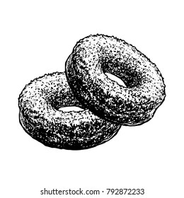 Donuts Sketch Hand Drawn Cakes Retro Pastry Food Sketch Isolated On White Background. Vintage Engraving Doughnut Vector Illustration.