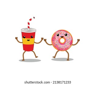 Donuts with soda isolated on white. Cute happy cartoon donut and soda happy face character. Delicious donuts with big colorful messes with big round holes in them.