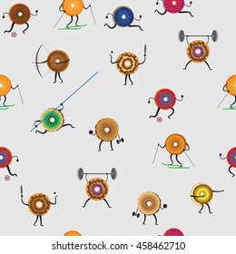 Donuts. Sports background. Exercising cartoon donut.  Design of character donut for fitness.
