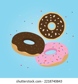 Donuts with sprinkles. Blue background. Vector design for web banners, posters and postcards