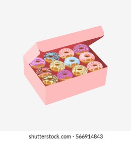 Donuts with sprinkles in box isolated on white background. Flat vector stock illustration