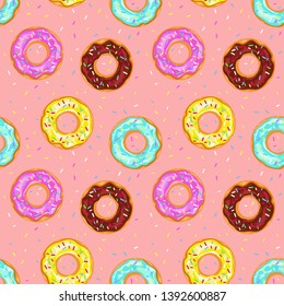 Donuts with sprinkles seamless pattern isolated on pink background