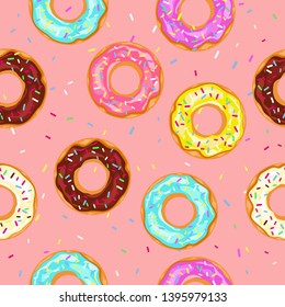Donuts with sprinkles seamless pattern isolated on pink background