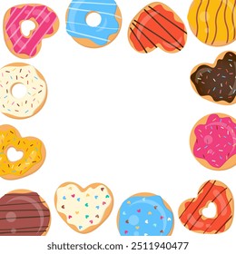 Donuts Square Frame. Sweet Cookies Background. Doughnut Dessert Border. Backdrop for Birthday, Sweetest Day, Donut Day, Confectionary.