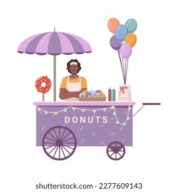 Donuts stall, isolated street kiosk with seller and tasty confectionery product. Selling dessert to go, sweets and pastries. Flat cartoon, vector illustration