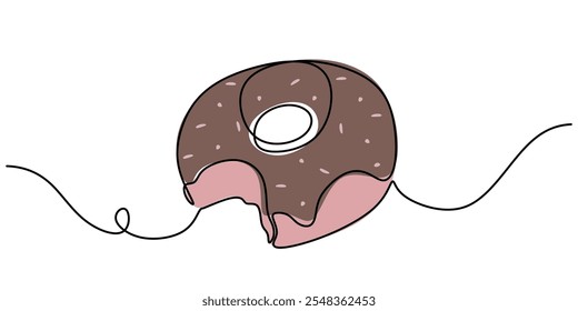 Donuts com polvilhas de açúcar, capturados em um desenho contínuo de uma linha. Conceito minimalista de comida e bebida.