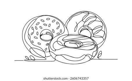 Donuts with sugar sprinkles in one line drawing. Clean minimalist illustration for dessert themes.