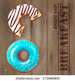 Donuts in sweet glaze on a wooden table. Bakery shop concept. Realistic vector illustration