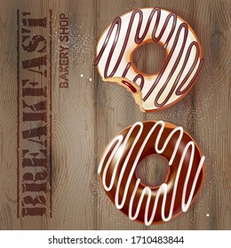 Donuts in sweet glaze on a wooden table. Bakery shop concept. Realistic vector illustration