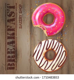 Donuts in sweet glaze on a wooden table. Bakery shop concept. Realistic vector illustration