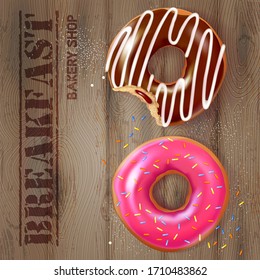 Donuts in sweet glaze on a wooden table. Bakery shop concept. Realistic vector illustration