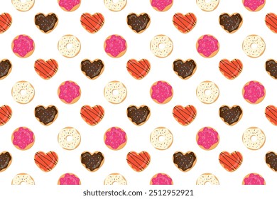 Donuts Sweet Seamless Pattern. Glazed Cookies Background. Doughnut Dessert Backdrop for Birthday, Sweetest Day, Bakery, Confectionary.