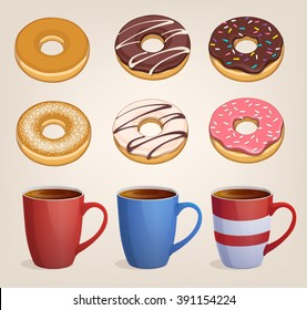 donuts sweet snack vector illustration light background icon several cup tea