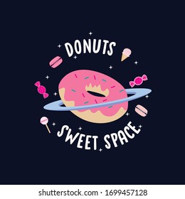 donuts sweet space text, galaxy, illustration, vector art sugar ıce cream macarons