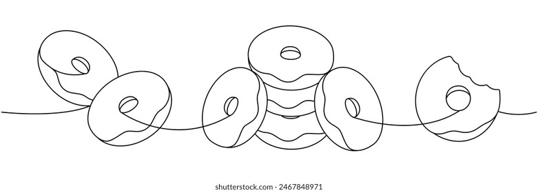 Donas. Quita los donuts de una línea de dibujo continuo. Panadería dulce pastelería. Ilustración lineal de Vector.