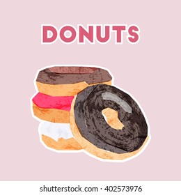 Donuts tissue paper collage.Minimal flat vector illustration for print or web.Isolated on a light background.Icon in flat style.Donuts into the glaze set.Collection of sweet donuts.Donuts icing sugar.