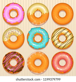 Donuts top view with milk and white chocolate, strawberry and sugar. Donut vector set isolated on a paper box background. Sweet sugar icing donuts.