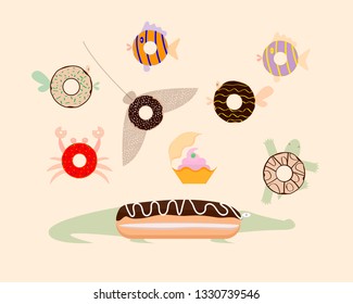 Donuts top view. Sea inhabitants. Vector illustration.