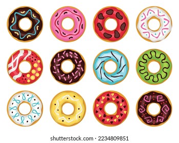 Donuts. Top view sweets desserts collection into glaze for menu design, cafe decoration, delivery box. Candy food with different sprinkles. Traditional breakfast