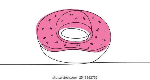 Roscas cobertas com açúcar ou polvilhas, desenhadas em um estilo de uma linha contínua. Conceito minimalista de comida e bebida.