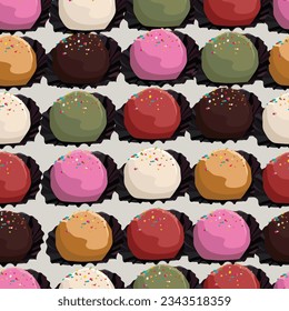 donuts toppings assorted flavors seamless pattern