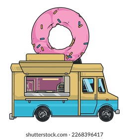 Donuts truck cafe label colorful with car to sell delicious fresh desserts on beach or city streets vector illustration