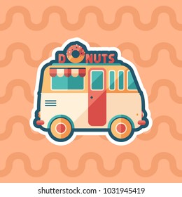 Donuts van sticker flat icon with color background.
